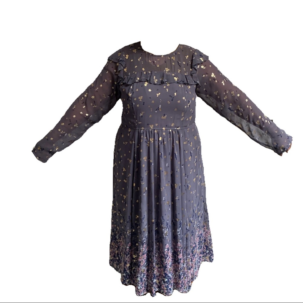 Ruffle Gold Tipped Floral Print Georgette Dress.